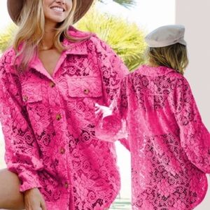 New BiBi Button Up Long Sleeve Oversized Lace
Blouse Cover up Shacket